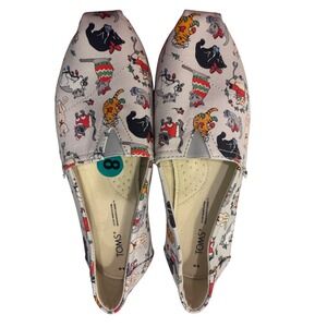 TOMS Women's Shoes W8 Cat Christmas Holiday Festive Print Slip On Flats Belmont